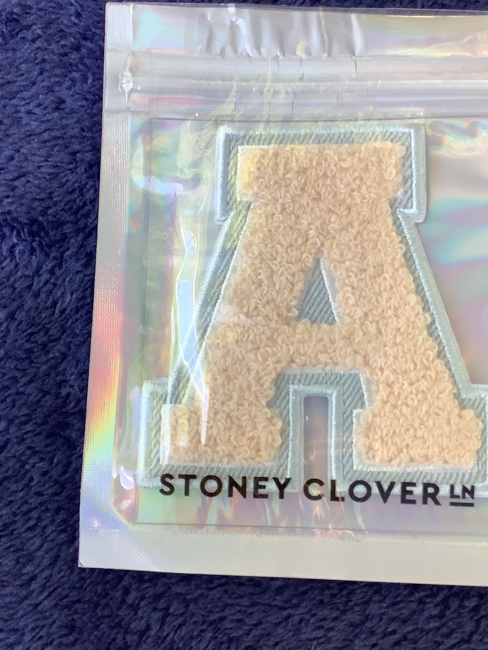 Stoney Clover Lane Cream Chenille 'A' Patch with Light Blue Border